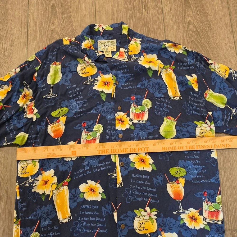 Big Dogs Mens Large Hawaiian Shirt Navy Blue Cocktail Drink rayon vintage y2k